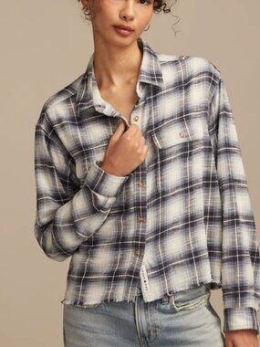 Lucky Brand Raw Edge Plaid Button-Up Shirt XL Blue Gray Cropped Frayed Hem